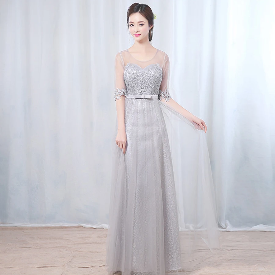 

Elegant Appliques Half Sleeve O-Neck A-Line Prom Gown Tulle Zipper Back Empire Long Evening Dresses