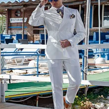 Повседневный стиль, цвета слоновой кости, льняные мужские костюмы для свадебной вечеринки, двубортный Блейзер, смокинги для жениха, пляжный мужской костюм для жениха(куртка+ кастрюли