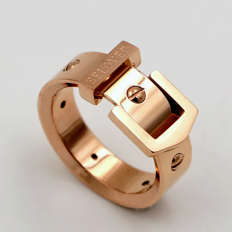 7 мм ширина Панк ногтей ремень, пряжка, кольцо из нержавеющей стали розовое золото цвет люкс любовь кольца со штифтом для женщин мужчин ювелирные изделия R009-1