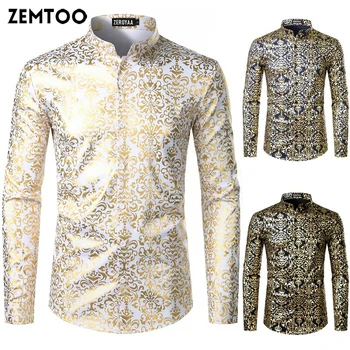 

Men's Nightclub Casual Slim Shirt Bronze Print Long Sleeve Shirt