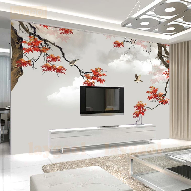 

High quality Environment friendly Modern 3d wallpaper red maple tree birds nice 3d wall mural for kids room and study room