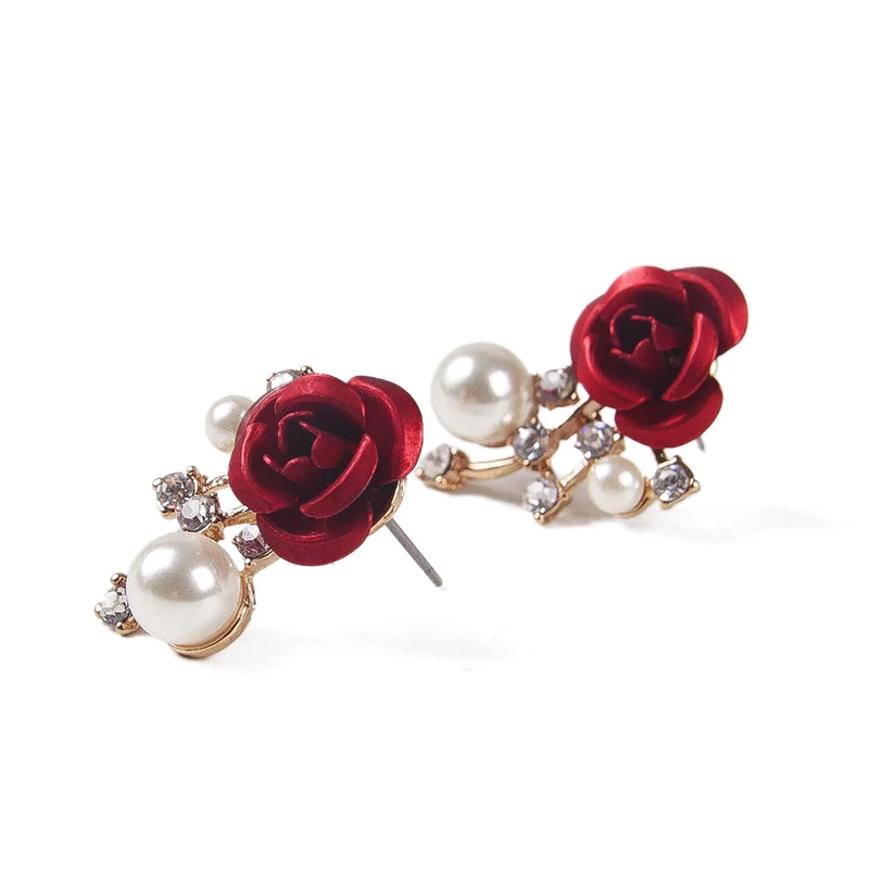 

Vintage Classic Earrings Red Flower Imitation Pearls Rhinestone Stud Earring For Women Fashion Jewelry 5B5023