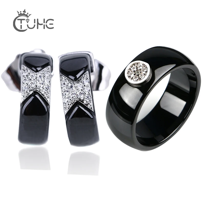 

Lovely Fashion Ceramic Jewelry Set Cute Crystal Stud Earrings For Women And Smooth Ceramic Rings Best Gifts For Lover Friends