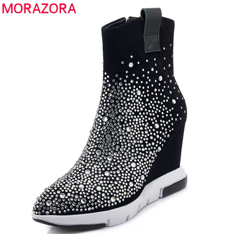 

MORAZORA 2020 new arrive cow suede leather ankle boots for women elegant spring autumn lady boots wedges high heels party shoes