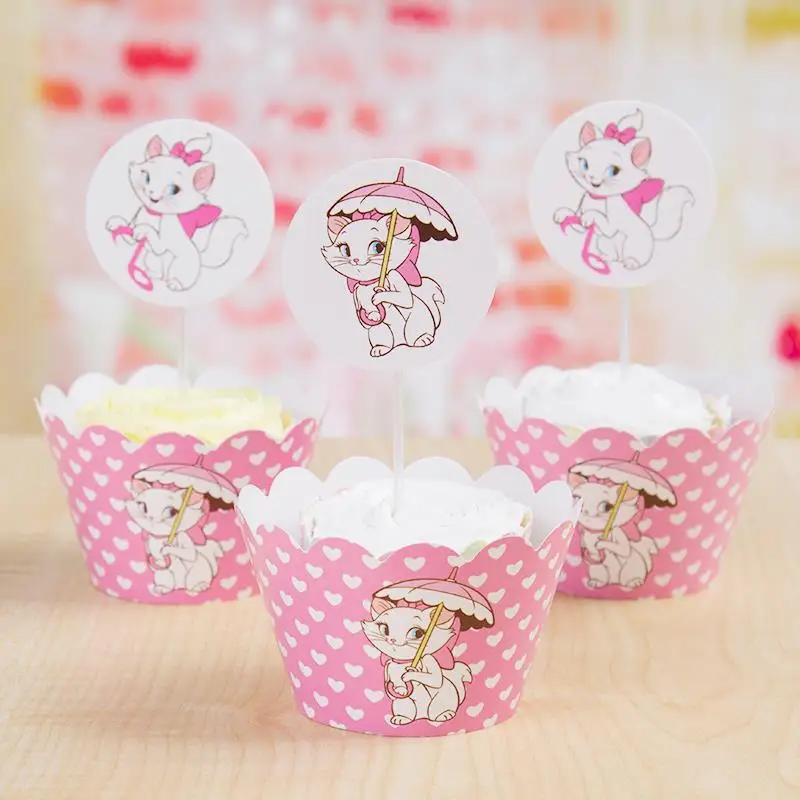 

Free Shipping 24Pcs (12 wrappers +12 toppers) Marie Cat Cupcake Wrapper Kids Birthday Party Decoration Cake Toppers