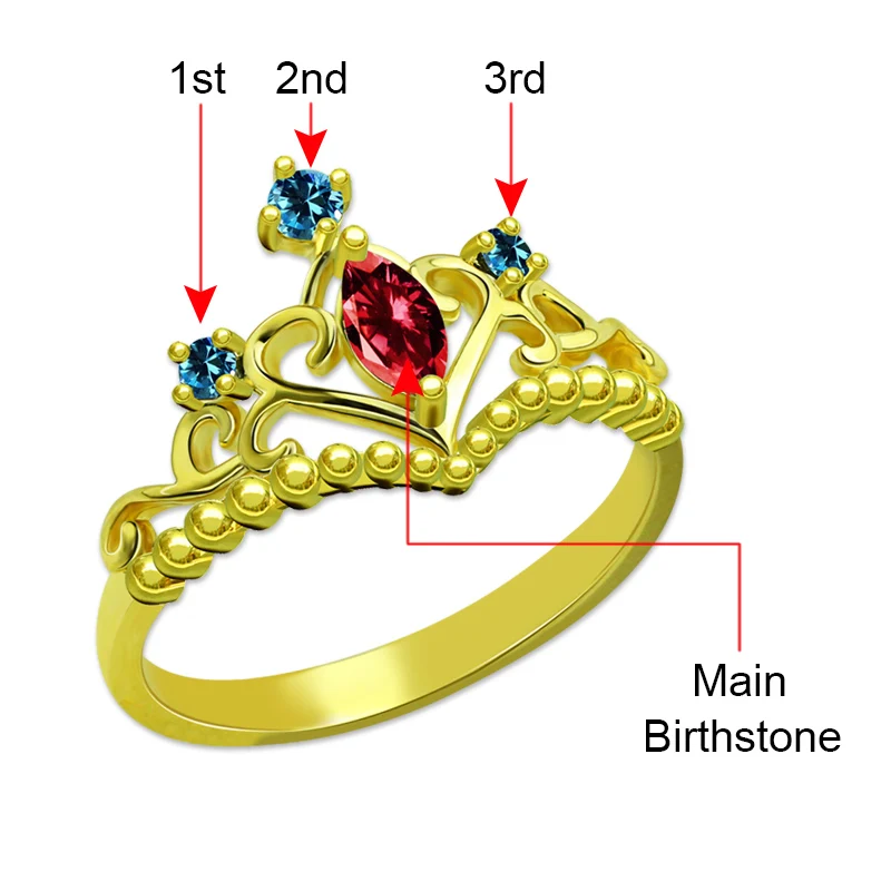 AILIN Unique Birthstone Princess Tiara Ring Gold Color Customized Crown Ring Women Jewelry