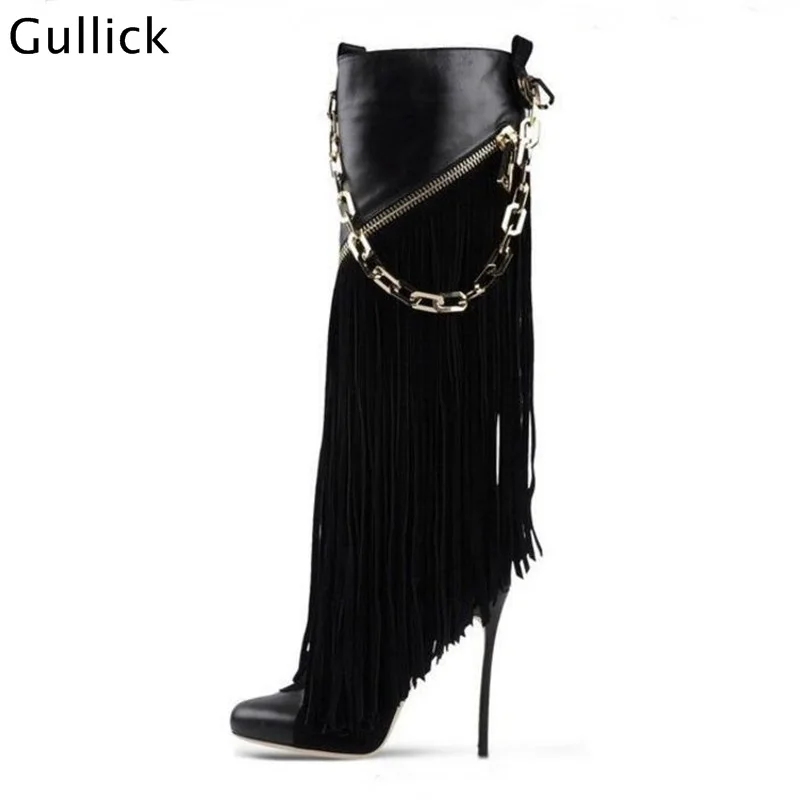 Новейшая женская обувь на высоком каблуке зимние черные сапоги-гладиаторы до колена с кисточка с бахромой женская кожаная обувь на молнии с цепочкой
