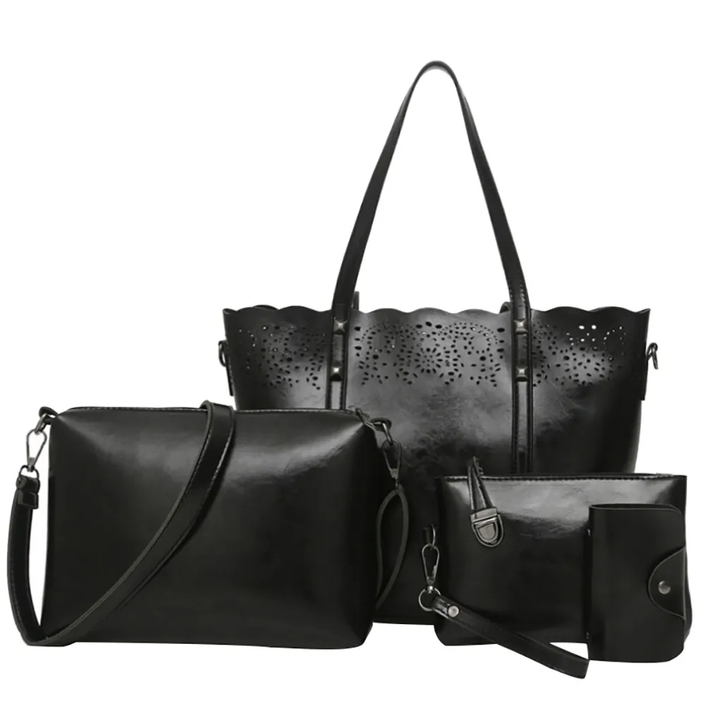 Женская кожаная сумка, женские кожаные ремешки на плечо для сумок, женские сумки через плечо, большие сумки через плечо для женщин, 4 шт., набор женских сумок - Цвет: BK