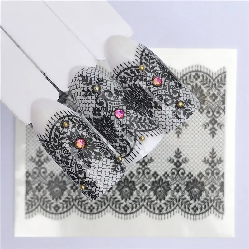 1 лист белые черные наклейки для ногтей переводные наклейки с водой кружевные цветы Бабочка слайдер для украшения ногтей маникюр - Цвет: YZW-8641
