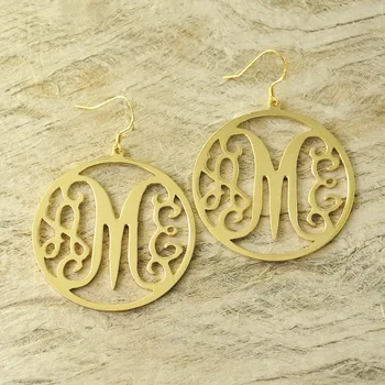 

Custom Monogram Earrings with circle around hand stamped earrings alloy earrring Gold color
