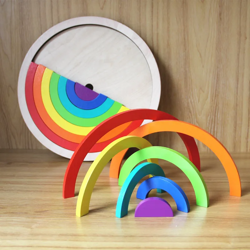 Colorful Arched Rainbow Building Blocks Wood Toys Creative Assembling Children Baby Educational