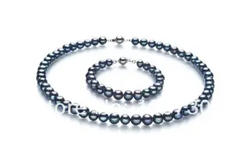 

Jewelry 00580 SET OF TAHITIAN GENUINE BLACK PERFECT ROUND AAA BLACK PEARL NECKLACE BRACELET (A0516)