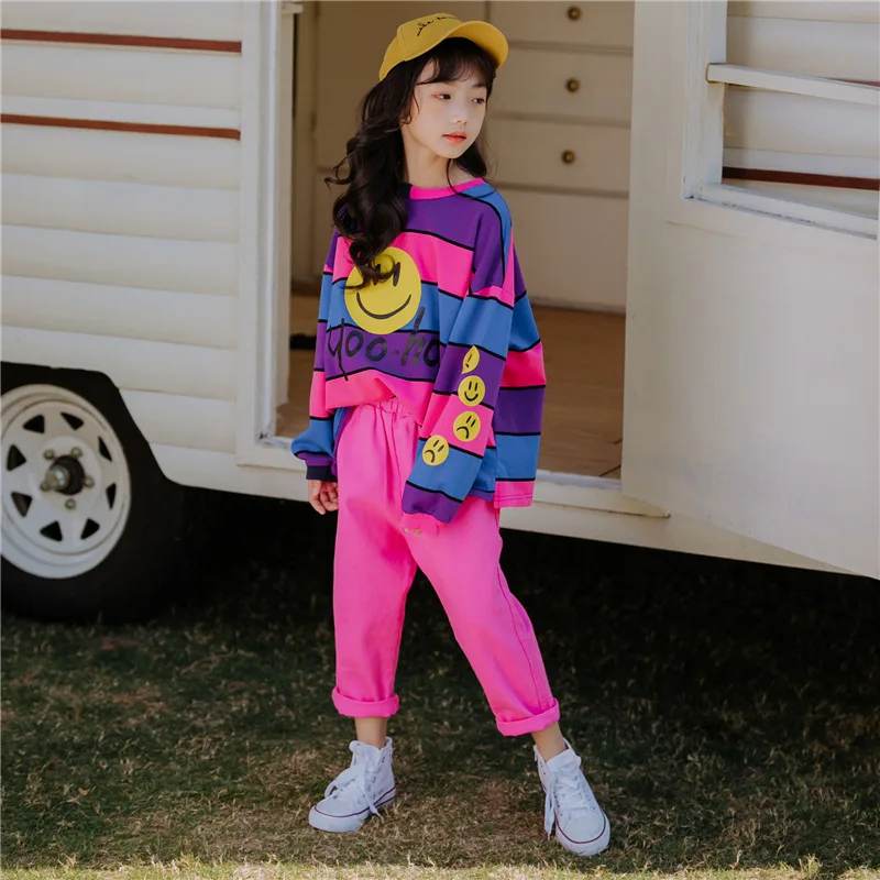 

2019 Spring Autumn Kids Girls Clothes Set Striped Patchwork Shirt+red Pants Outfits Girls Suit Children Fashion Smile Clothing