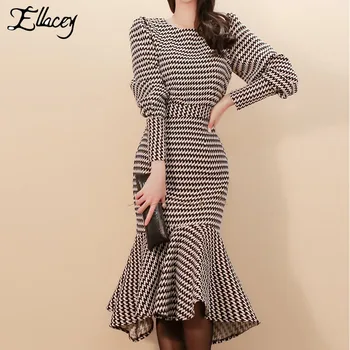 

Ellacey Spring Autumn Houndstooth Women's Sets Puff Sleeve Ruffles 2 Piece Set Ladies' Plaid Trumpet Mermaid Party Skirt Suit