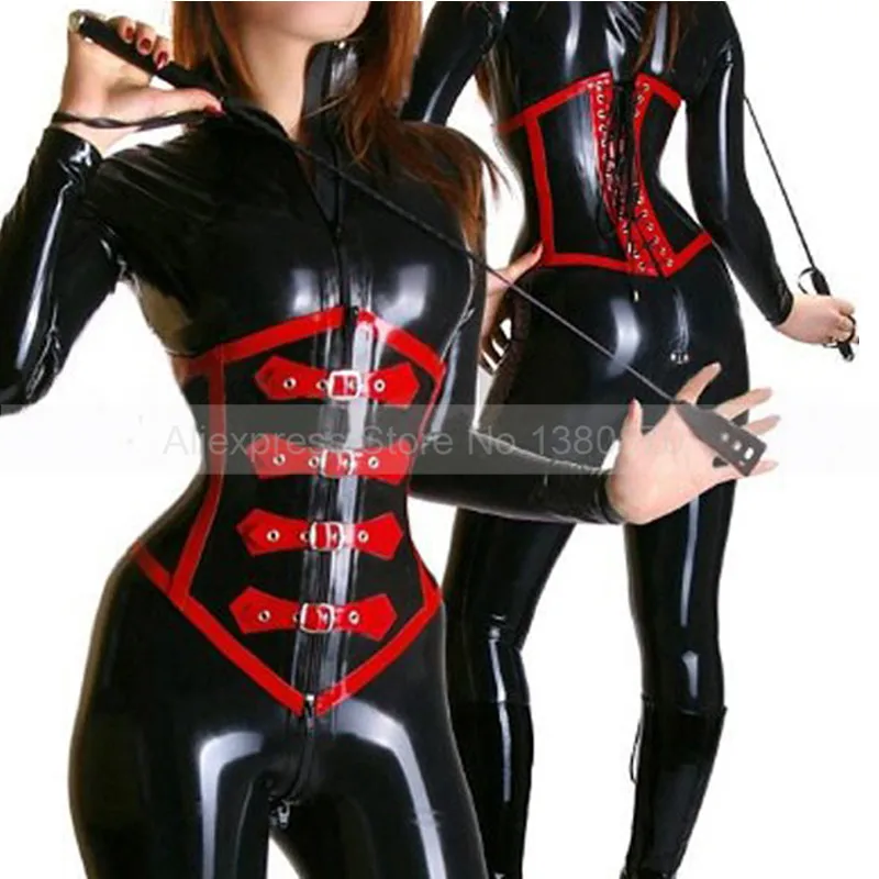 Buy 1mm Latex Black And Red Corset Suit Catsuit With