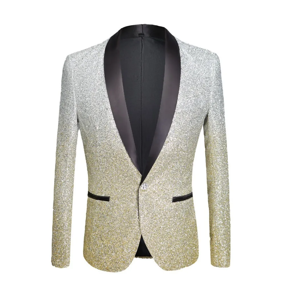 Koop PYJTRL Mens Fashion Gradi euml;nt Kleur Glanzende Poeder Goud Zilver Roze Champagne Blauw Zwart Slim Fit Blazer Podium Zanger Pak Jas