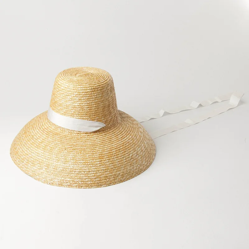 USPOP новые летние шляпы для женщин из натуральной пшеничной соломы шляпы с высоким плоским верхом с длинной лентой на шнуровке шляпы от солнца с широкими полями пляжные шляпы