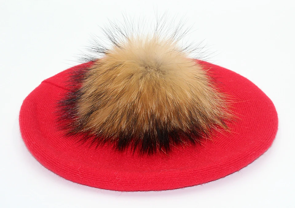 Women Beret Wool Hat Winter Knitted Wool Berets Real Fur Pompom Hats Beanies Female Top Quality Beret Cap (10)
