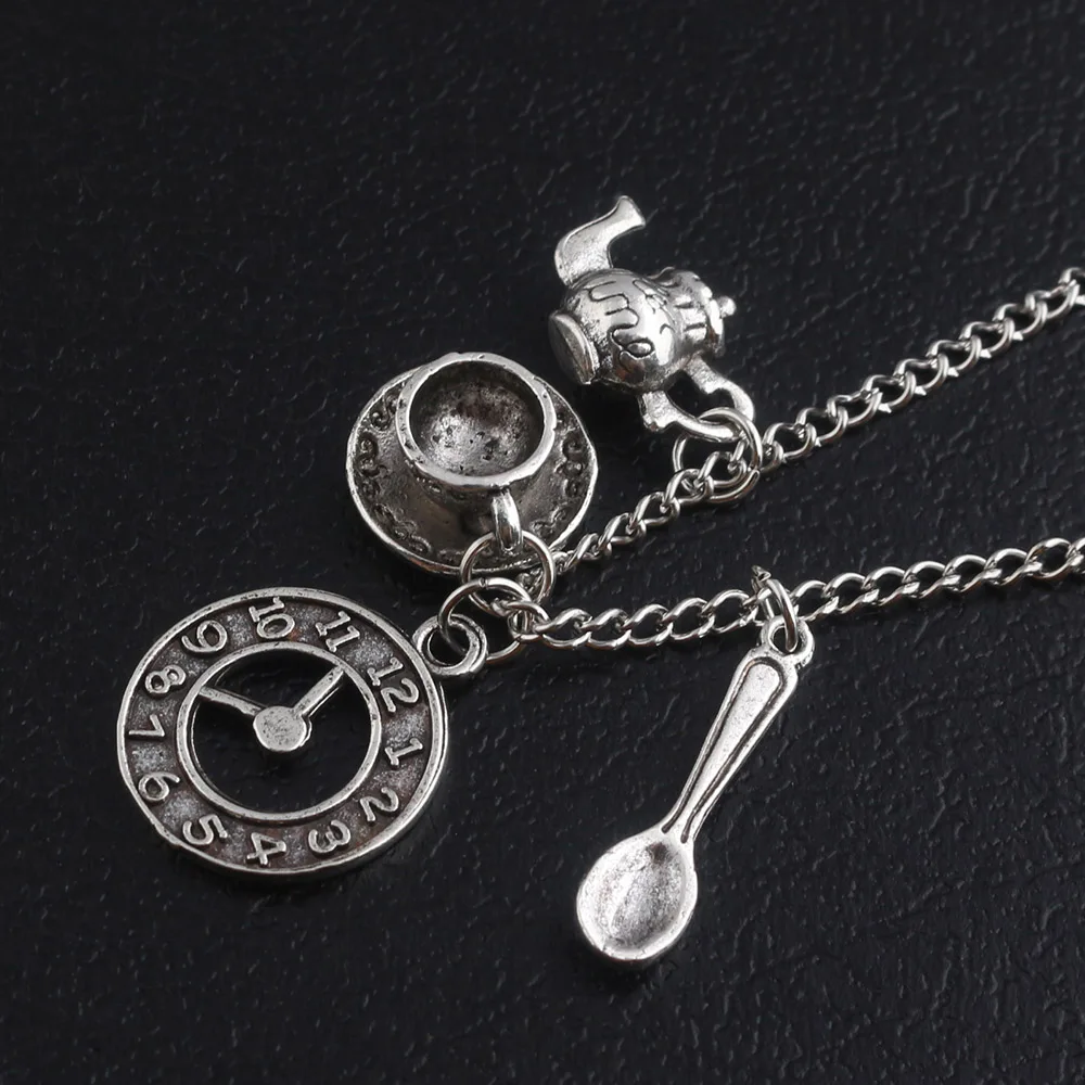 

SG Newest Alice in Wonderland Antique Silver Necklaces Pendants Magic Clock Spoon Teapot Women Men Best Gift For Friend