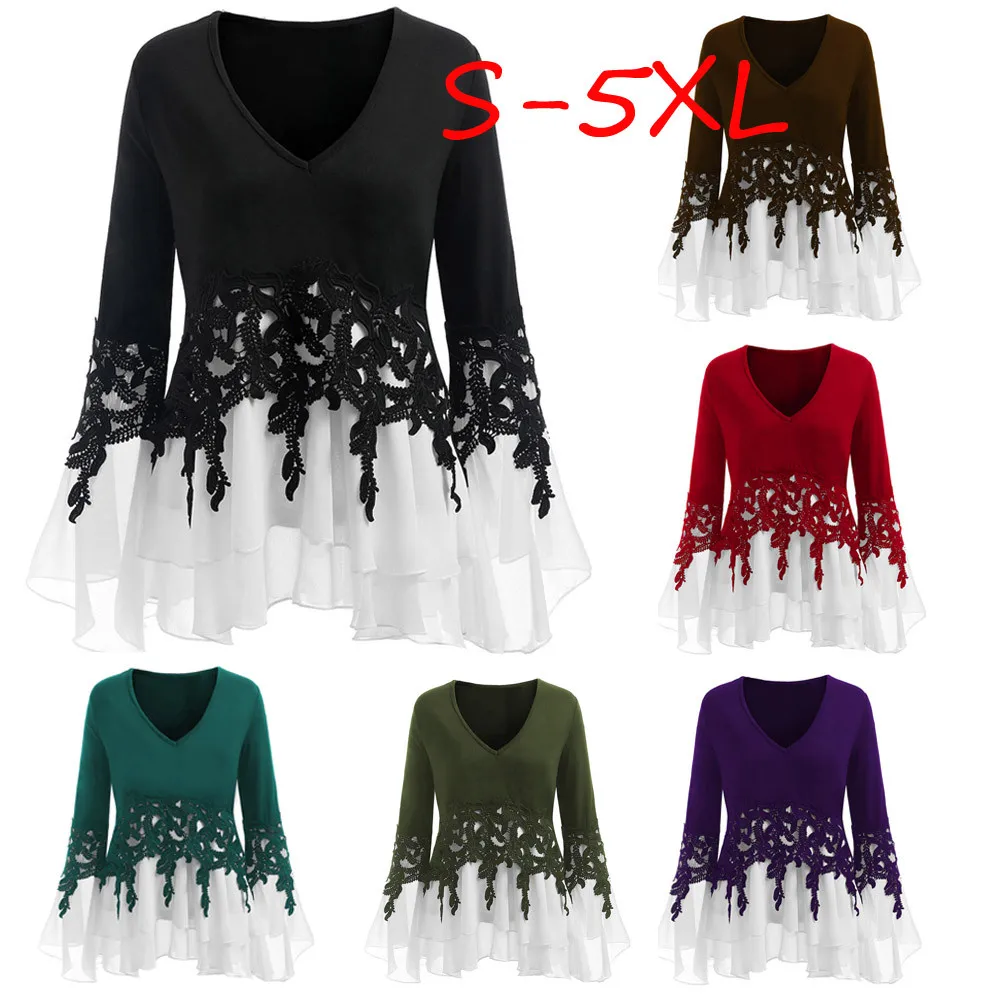 

Plus Size S-5XL New Fashion Womens Casual Applique Flowy Chiffon V-neck Long Flare Sleeve Tops Patchwork Loose Pullover T-shirts