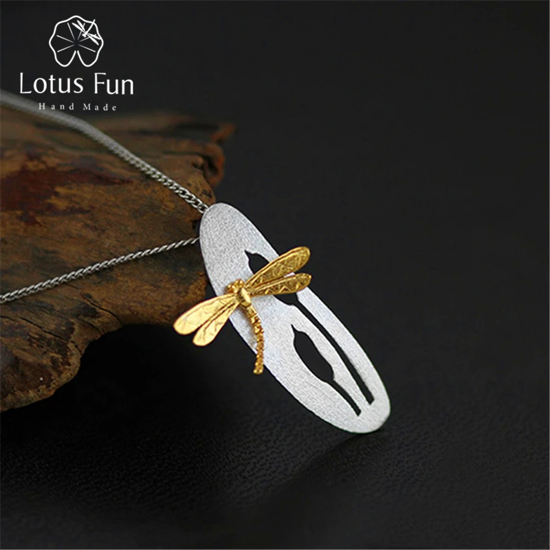 

Lotus Fun Real 925 Sterling Silver Handmade Fine Jewelry Leaf and Dragonfly Design Pendant without Necklace for Women