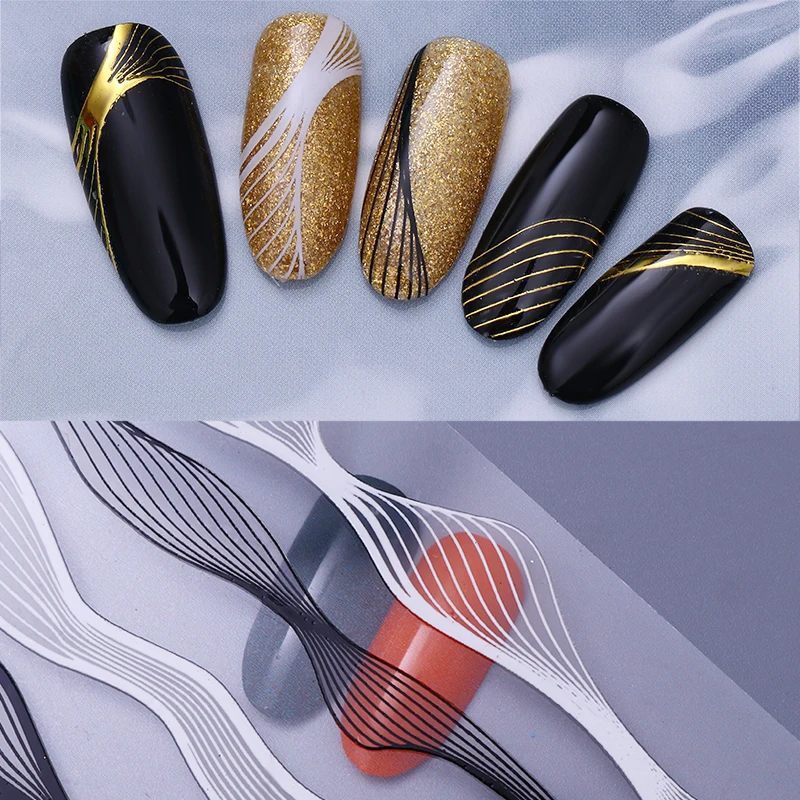 

2Pcs Gold Metal Lines 3D Nail Stickers Multi-size Wave Strip Nail Art Transfer Sticker Water Slide Nail Tips Sticker
