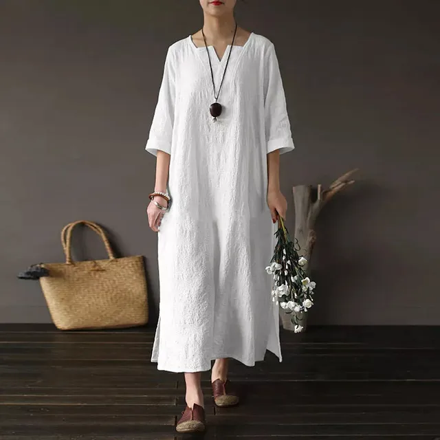 Women White Dress Summer Casual Solid Plus Size Vintage Ankle Length ...