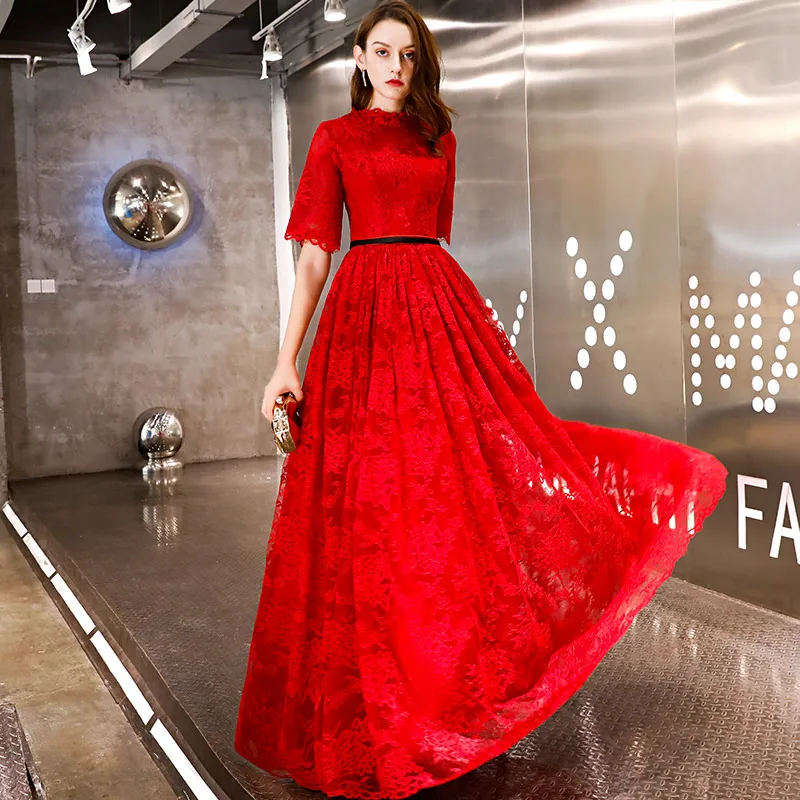 Beauty Emily Red New Lace Evening Dresses 2019 O Neck A Line Formal Party Prom Dresses Floor-length Court Train Evening Gown Beauty Emily Red New Lace Evening Dresses 2019 O Neck A Line Formal Party Prom Dresses Floor-length Court Train Evening Gown