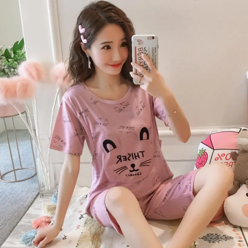 

Cute Cartoon Plus Size Pajamas for Pregnant Women Short Sleeve Cotton Pyjamas Set Summer Sleepwear Maternity Home clothing suit