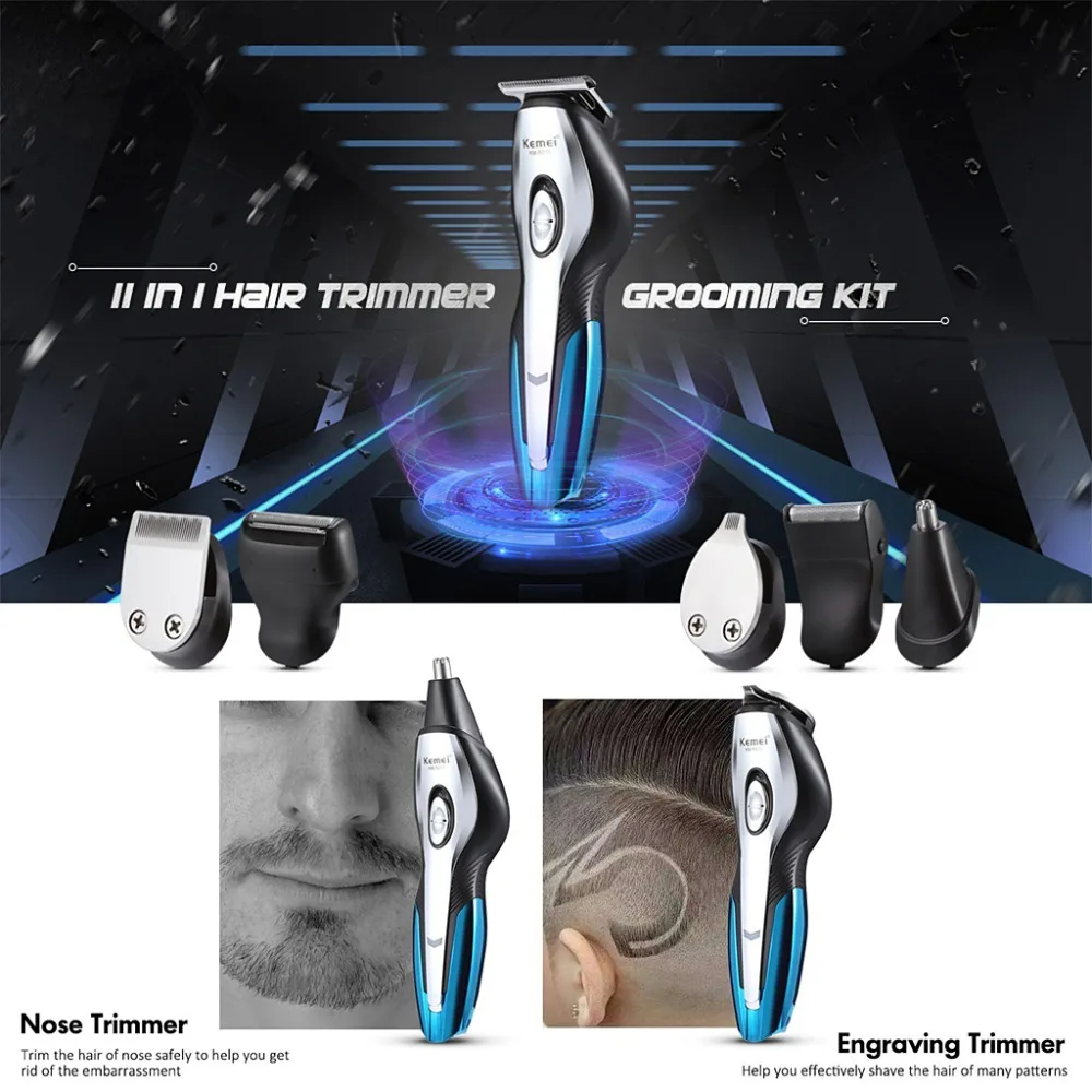 

Kemei KM-5031 11 in 1 Hair Clipper Shaver Razor Nose Ear Engraving Trimmer Grooming Kits With 3mm/3mm/6mm/8mm Guide Combs