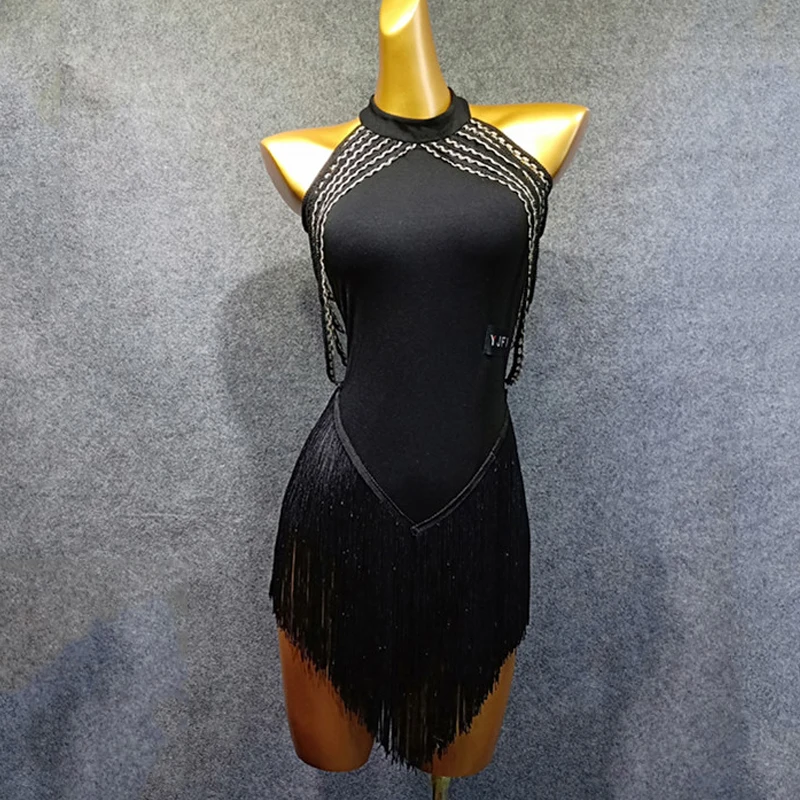 Новое платье для латинских танцев для женщин Vestido Flecos черное платье с кисточками и открытой спиной для Фламенго румбы/сальсы конкурентное платье для латинских танцев VDB492