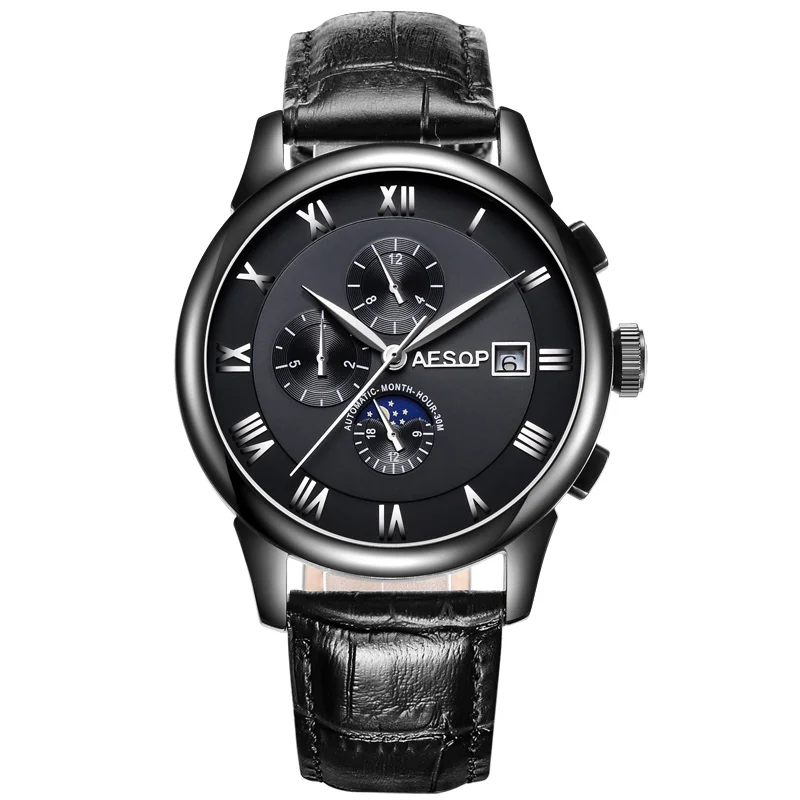 AESOP автоматические механические часы, мужские роскошные брендовые черные наручные часы с кожаным ремешком, наручные часы, мужские часы, мужские часы