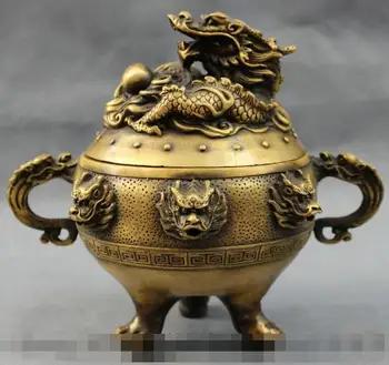 

Free shipping S03320 7" Chinese Bronze Buddhism FengShui Dragon Head Statue Incense Burner Censer