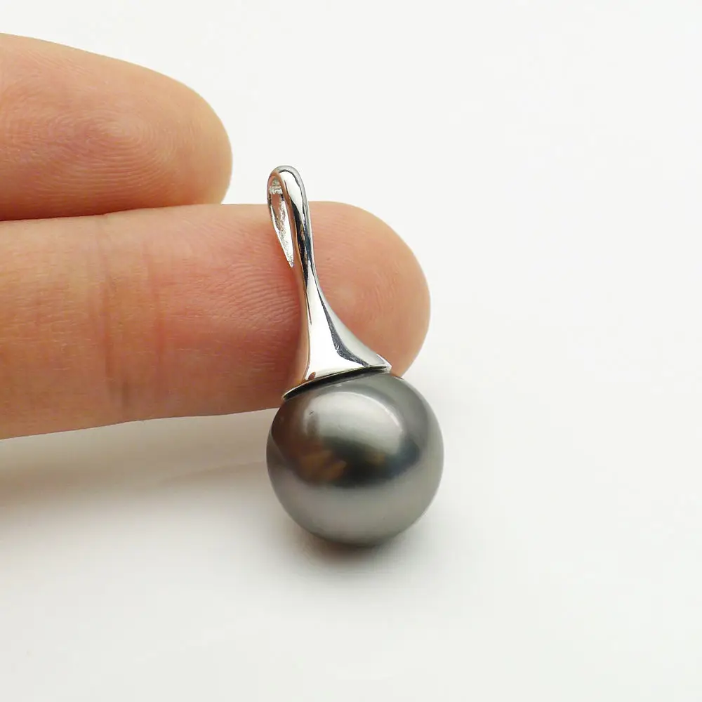 

free shipping 13-13.5mm Natural Black Genuine Tahitian Pearl Pendant 925 Sterling Silver
