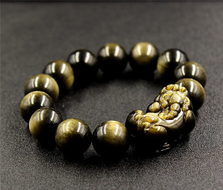 

16mm 100% Natural Gold Obsidian Bracelet Gemstone Bracelet Round Beads Stretch Pi Xiu Pendant Bracelets Man Lady Best Gift AAAAA