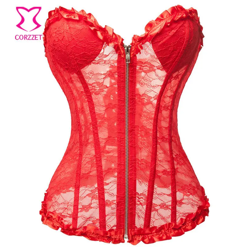 

Sexy Shapewear Front Zipper Padded Red Translucent Floral Lace Corset Top Women Gothic Corselet Overbust Bustier Lingerie Set