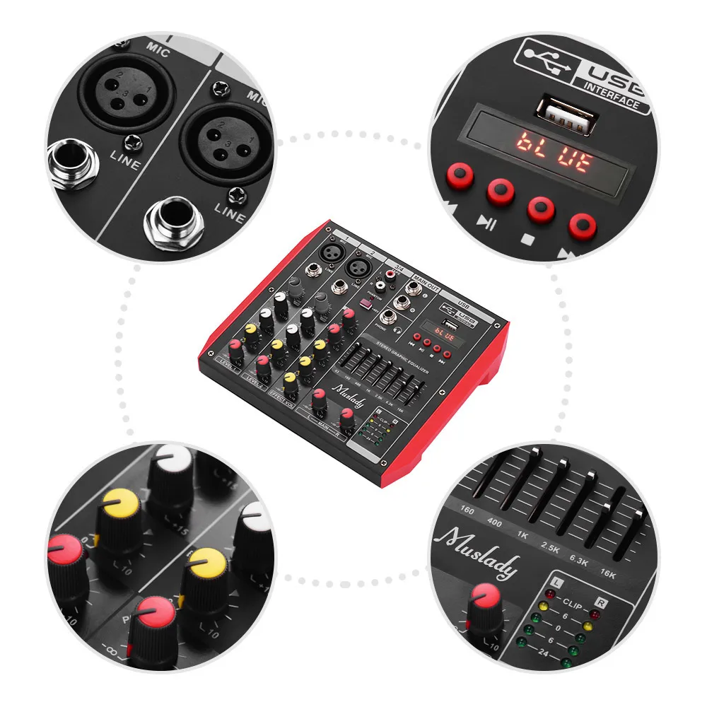 Портативный 6 канальный микшер Muslady D6 7 полосный EQ встроенный 48 В фантомное