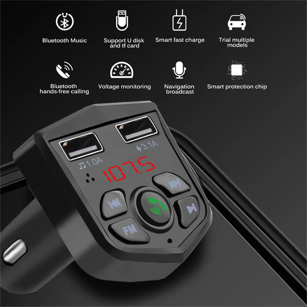 Bluetooth 5.0 Voltage Digital display Car FM Transmitter handsfree dual 2 USB phone Charger 3.1A 1A TF Card U disk MP3 player