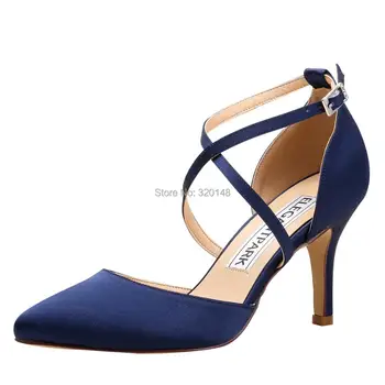 

Navy Blue Women Pumps High Heels Shoes Cross Strap Pointed Toe Wedding Bridal Shoes Satin Ladies Prom Party Dress Pumps HC1901