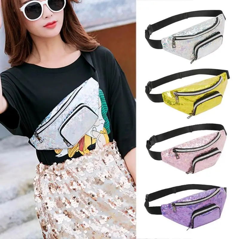 

PVC Waterproof Women Holographic Waist Packs Double Pocket Laser Chest Bag for Ladies Money Phone Purse 2019 Hot Selling Double