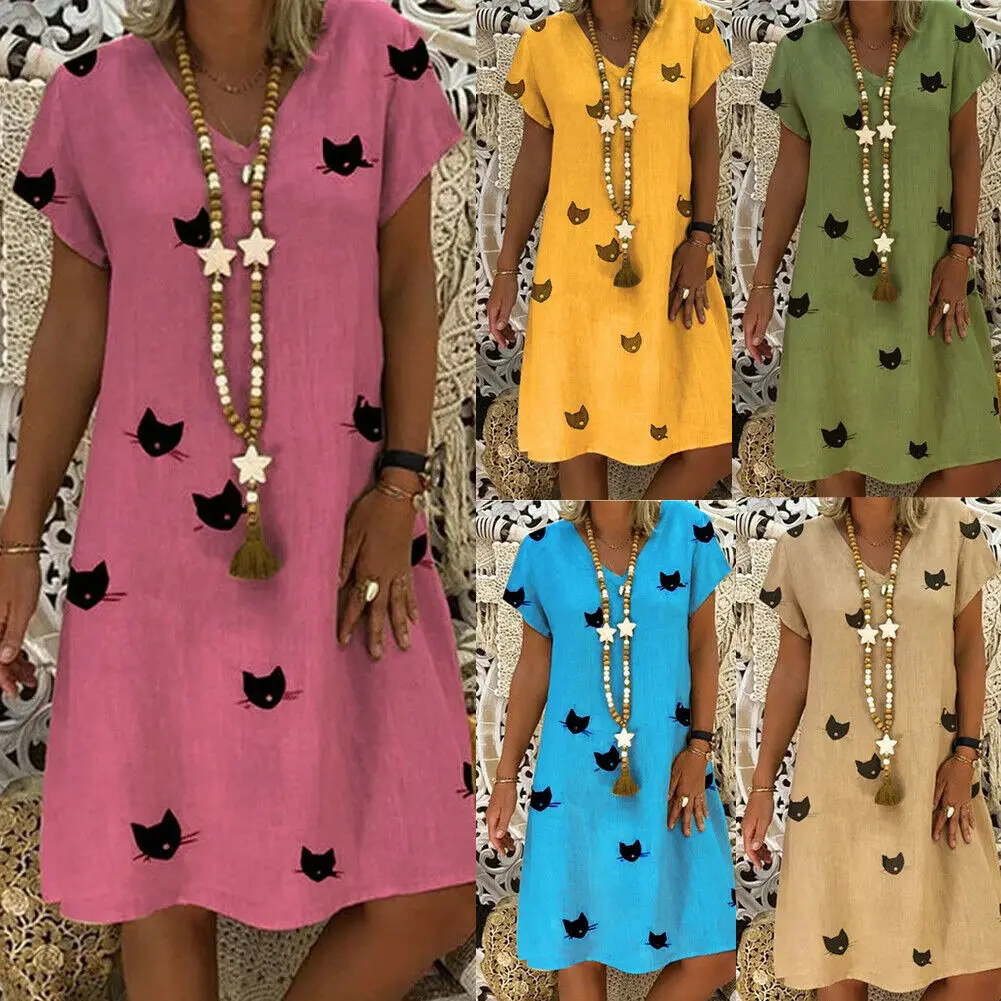 

Womens Summer Short Sleeve V-Neck Cute Cat Print Dress Ladies Sundress Beach Casual Dress