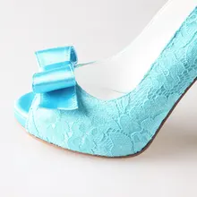 Turquoise aqua blue lace bowknot shoes wedding party shoes peep open toe heels pumps green blue heels handmade big small size