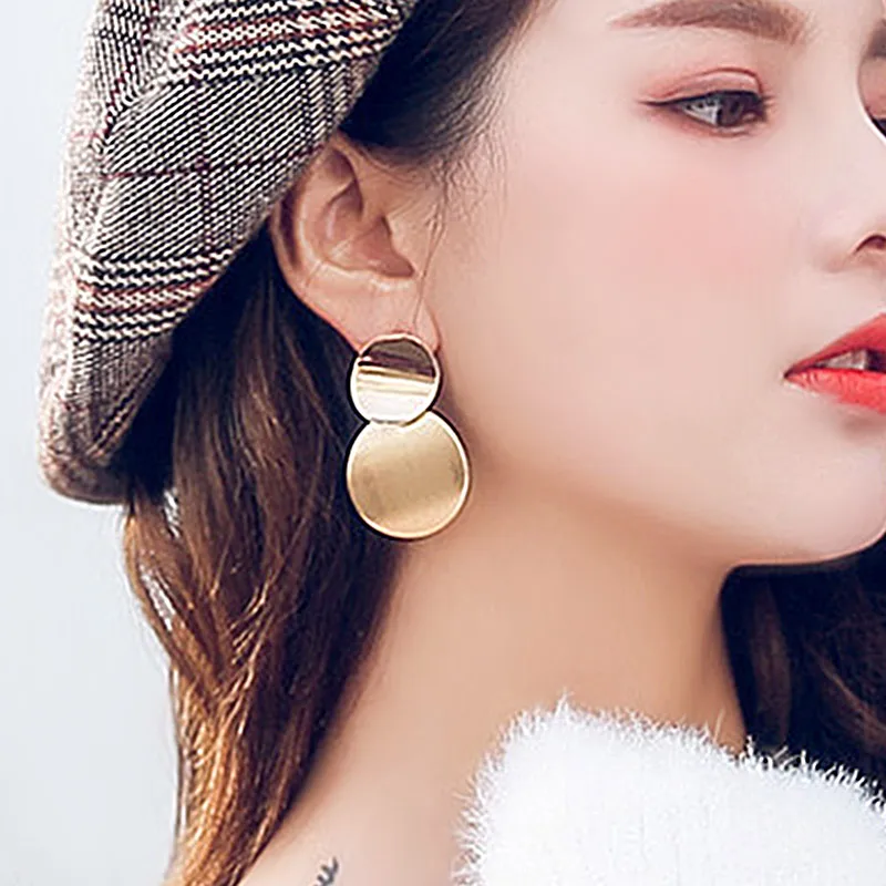 

USTAR Double Metal Round stud Earrings for Women Gold color Geometric Statement Earrings 2018 Fashion Jewelry hanging oorbellen