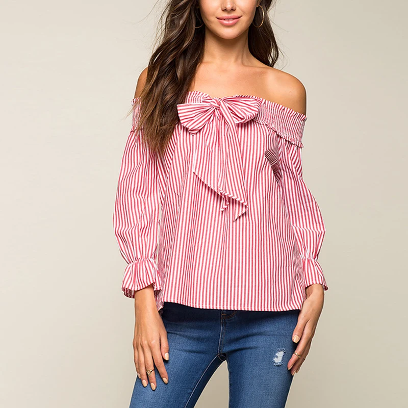 Autumn Blouse and Shirts Women Sexy Off the Shoulder Stripe Casual Top Shirts Loose Slash Neck Elastic Blouse Tops with Bowknot