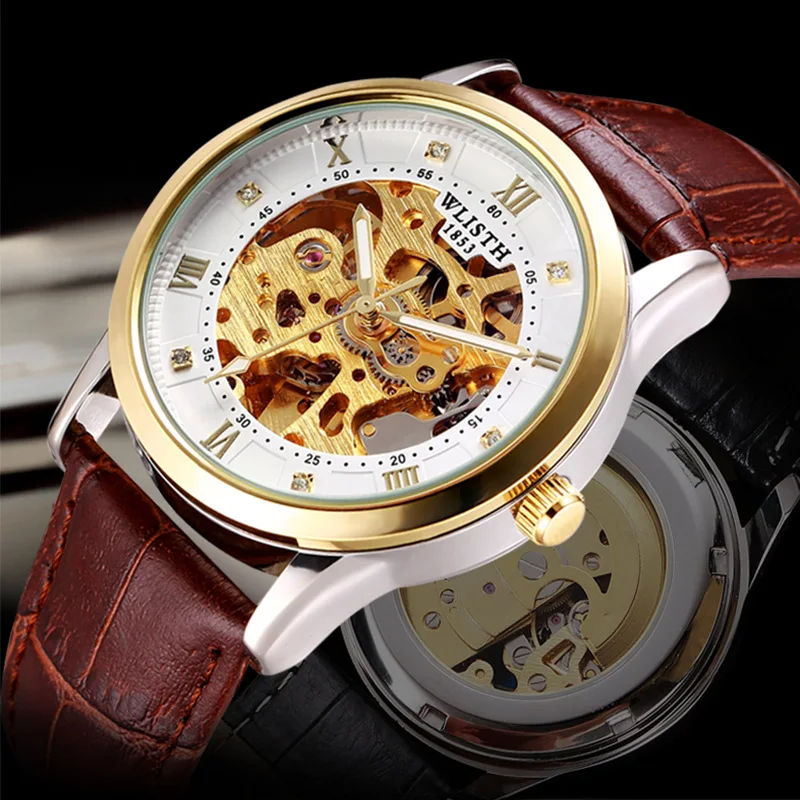 Для мужчин Элитный бренд Forsining 3d дизайн полые гравировка черного золота кожаный чехол Скелет деловые часы Heren Horloge