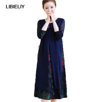 

Vintage Folk Style Cotton Linen Silk Printed Cheongsam Dress Round Neck Long-sleeved Dress Nice New Spring LU41