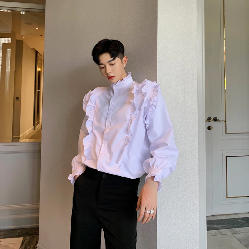 

MIXCUBIC 2019 Autumn Korean style Unique Flounced shirts men casual loose Retro court exquisite shirts for men,size M-XXL