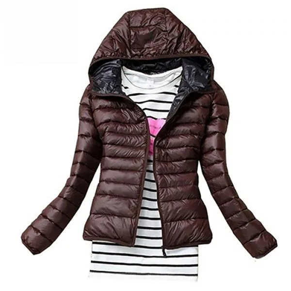 Женские зимние осенние короткие парки с капюшоном, длинные рукава, карманы на молнии, одноцветные повседневные теплые женские куртки, размер XS-XL - Цвет: Коричневый