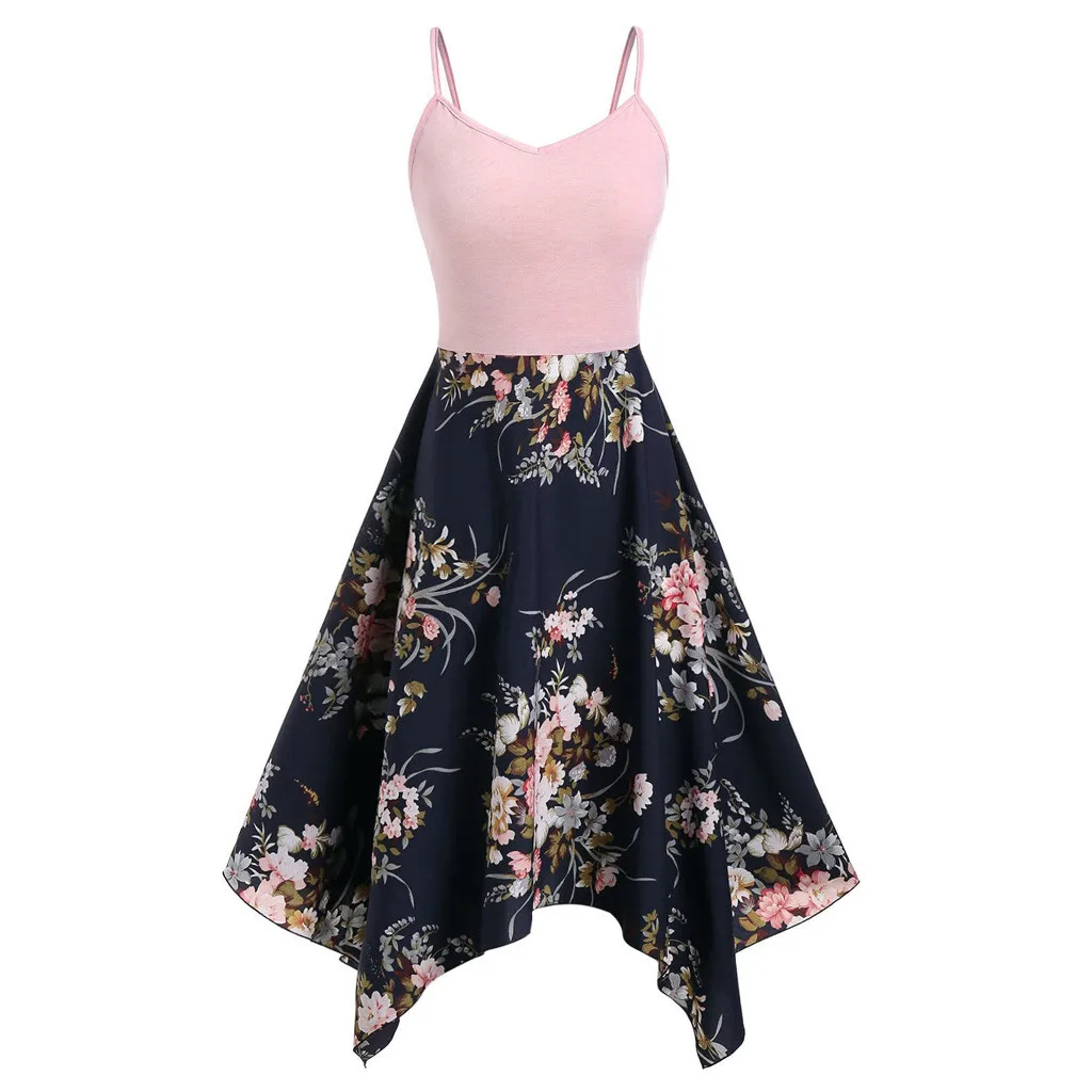  Plus Size Fashion Womens Floral Print Asymmetric Camis Handkerchief Dress W610