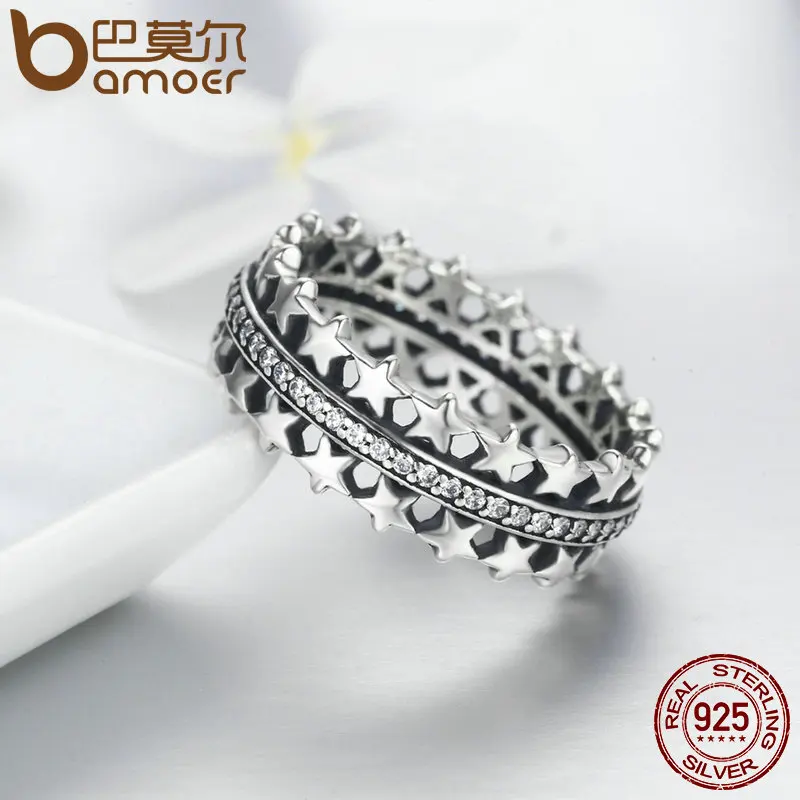 BAMOER Authentic 925 Sterling Silver Star Trail Statement Ring For Women Engagement S925 Silver Exaggerate Jewelry SCR049
